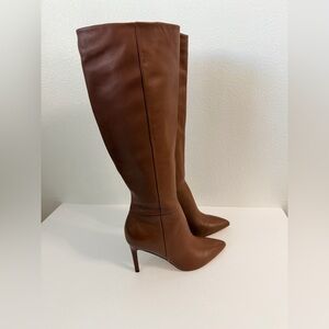 Nine West Women's Richy Knee High Boot Pointed Toe 2.5” Heel Leather Croc Brown